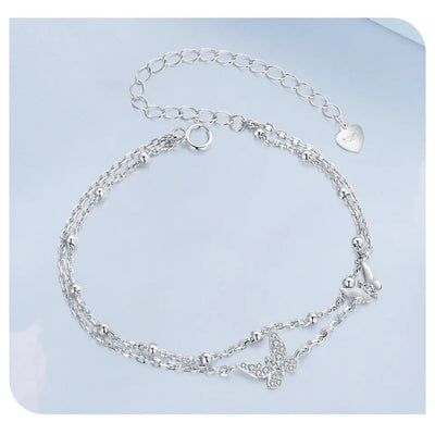 Double-Layer Butterfly Bracelet 925 Sterling Silver CZ Layered Bracelet